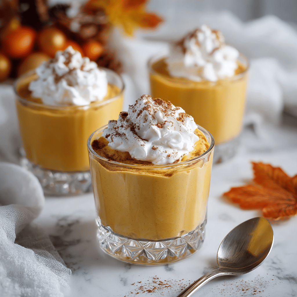 Healthy Pumpkin Mousse 6 Healthy pumpkin mousse in a glass cup topped with whipped cream, cinnamon, and pecans.
