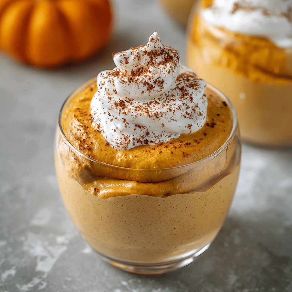 Healthy Pumpkin Mousse 5 Healthy pumpkin mousse in a glass cup topped with whipped cream, cinnamon, and pecans.