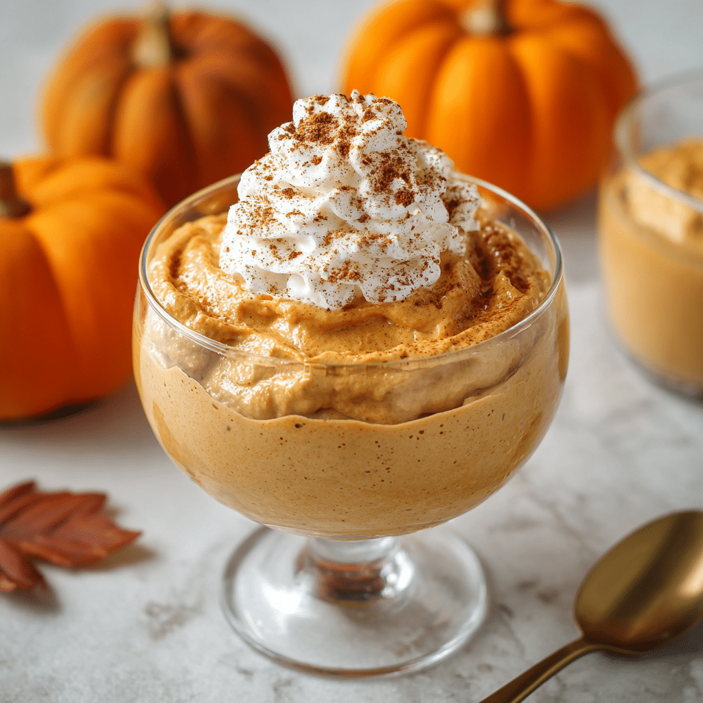 Healthy pumpkin mousse in a glass cup topped with whipped cream, cinnamon, and pecans.