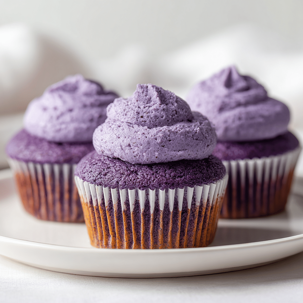 Fluffy Ube Cupcakes – Naturally Purple & Just Sweet Enough 6 Ube cupcakes with natural purple color and soft texture