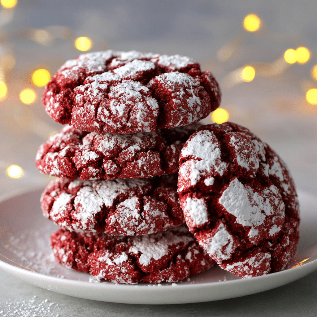 Easy Red Velvet Crinkle Cookies With Natural Coloring 5 Stack of healthy red velvet crinkle cookies on a plate.