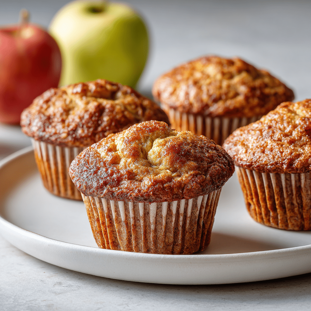 Easy Apple Cinnamon Muffins with Greek Yogurt (No Oil!) 5 Freshly baked Apple Cinnamon Greek Yogurt Muffins on a cooling rack