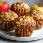 Easy Apple Cinnamon Muffins with Greek Yogurt (No Oil!) 7 Freshly baked Apple Cinnamon Greek Yogurt Muffins on a cooling rack