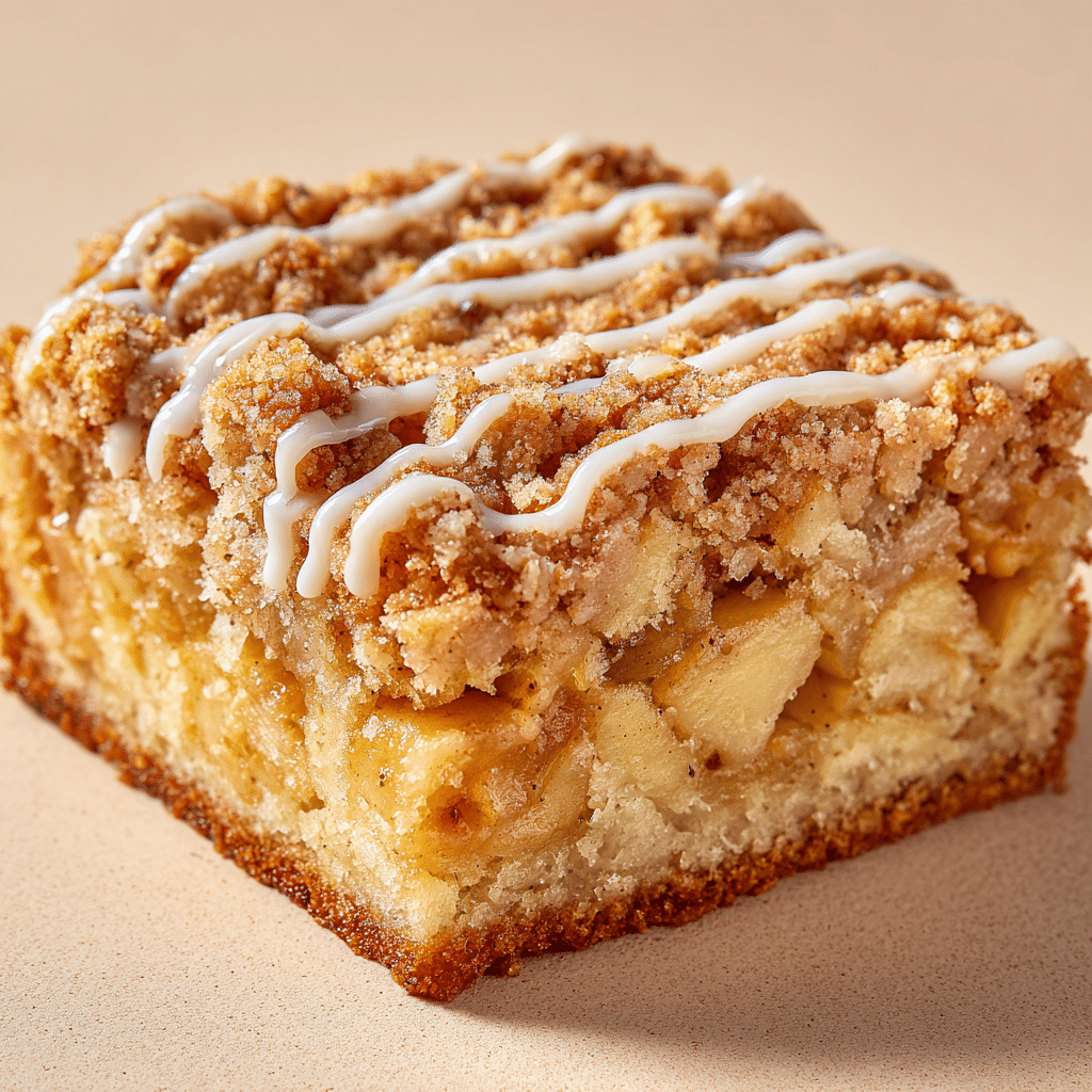 Homemade Apple Crumb Cake with Cinnamon & Oats 4 Slice of Apple Crumb Cake with drizzle of icing and apple garnish