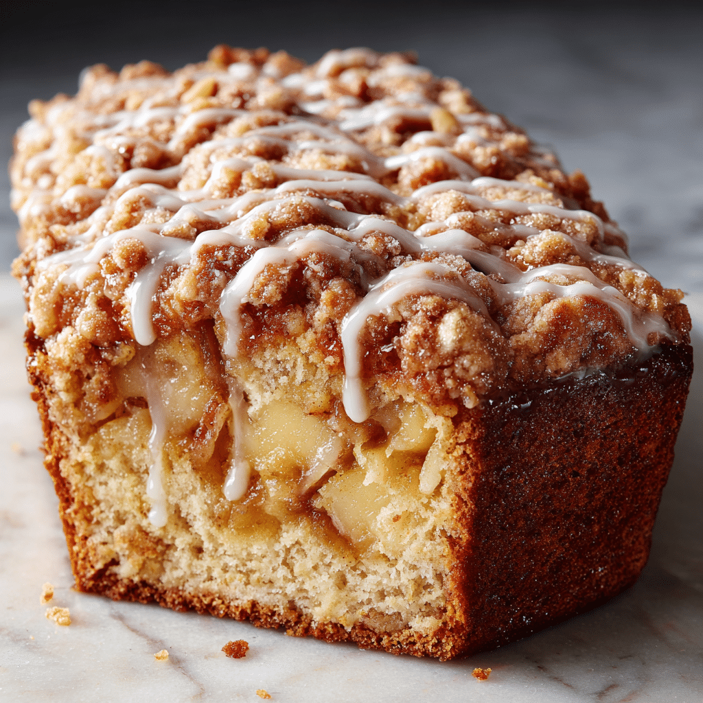 Homemade Apple Crumb Cake with Cinnamon & Oats 5 Slice of Apple Crumb Cake with drizzle of icing and apple garnish