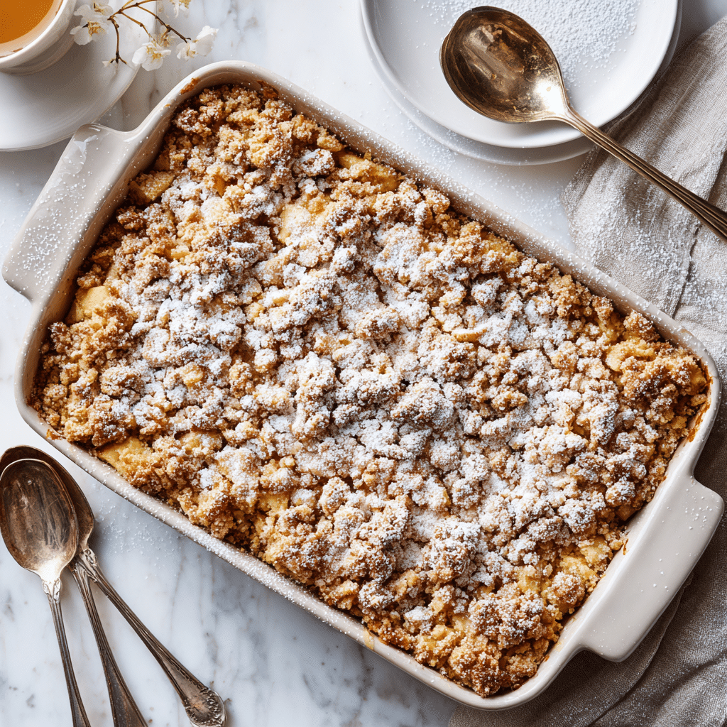 Homemade Apple Crumb Cake with Cinnamon & Oats 6 Apple Crumb Cake in a baking dish with golden crumb topping and powdered sugar