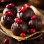 Chocolate-Covered Cranberry Sauce Recipe - Elegant Holiday Confection 7 Glossy chocolate-covered cranberry truffles topped with fresh cranberries.