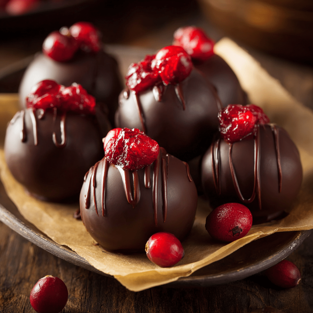 Chocolate-Covered Cranberry Sauce Recipe - Elegant Holiday Confection 4 Glossy chocolate-covered cranberry truffles topped with fresh cranberries.