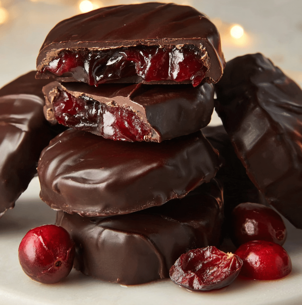 Chocolate-Covered Cranberry Sauce Recipe - Elegant Holiday Confection 5 Inside view of chocolate-covered cranberry candy with tart filling.