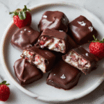 Easy Chocolate Strawberry Yogurt Clusters: Sweet & Refreshing Snack 9 Chocolate strawberry yogurt clusters stacked with creamy filling and strawberry pieces.