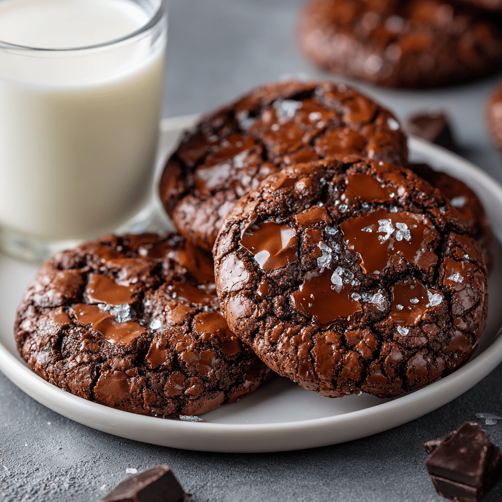 The Best Chocolate Brownie Cookies: Fudgy, Chewy Perfection in Every Bite 5 Chocolate brownie cookies on a white plate with melting chocolate and a glass of milk.