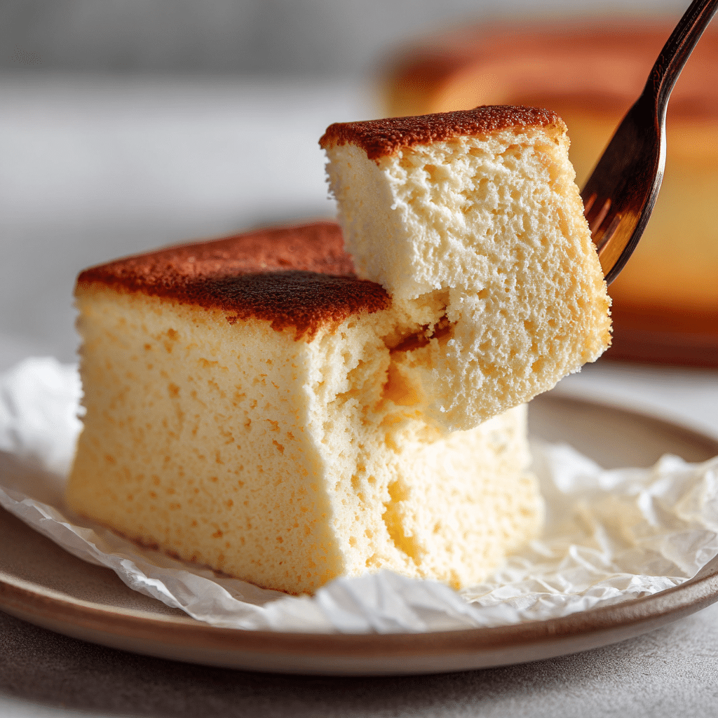 Japanese Cotton Cheesecake: Fluffy, Light, and Irresistible 6 Close-up of Japanese cotton cheesecake slice with fork.