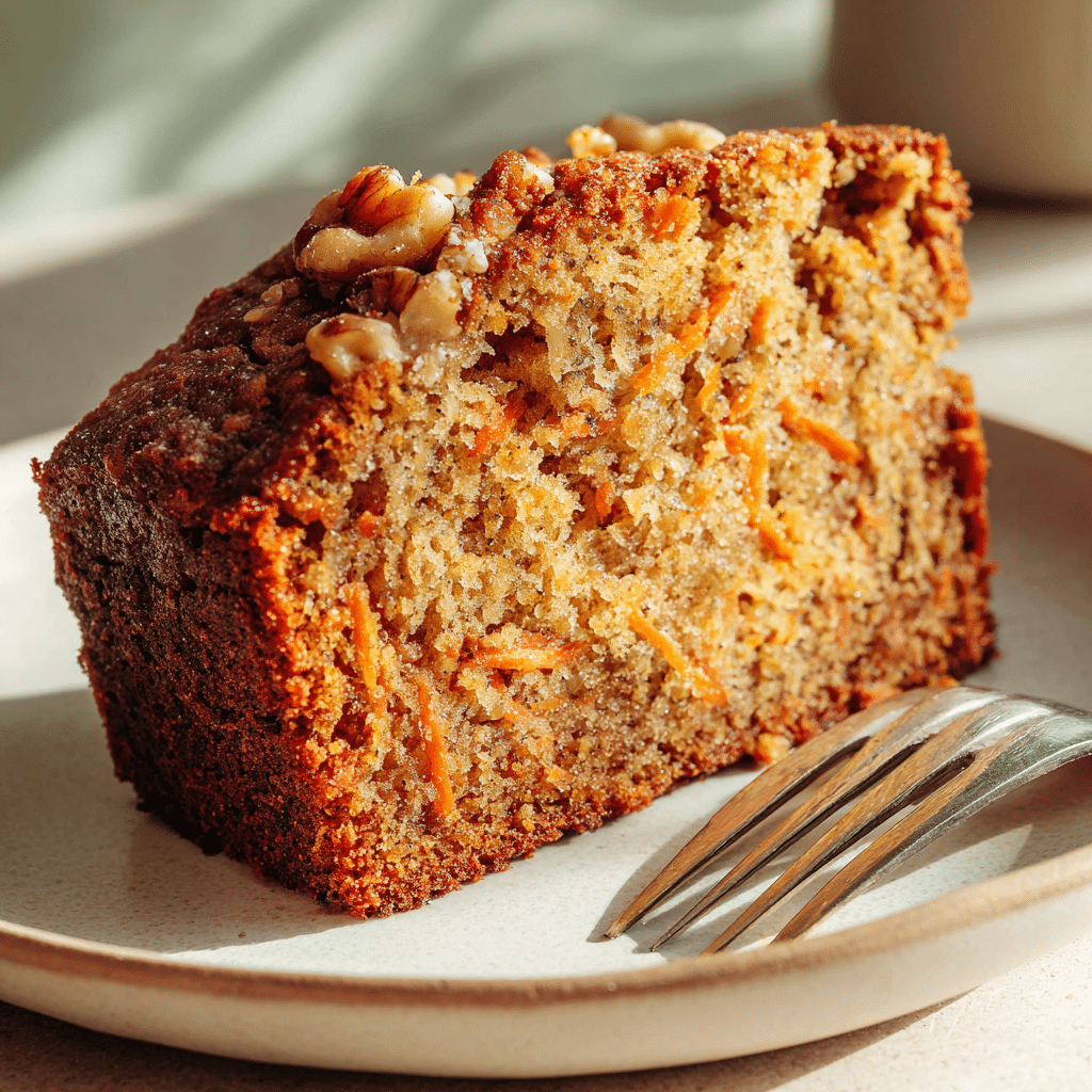 Carrot Cake Banana Bread: A Cozy Twist on Two Classics 6 Slice of carrot cake banana bread on a plate with fork, showing moist crumb and carrot pieces.