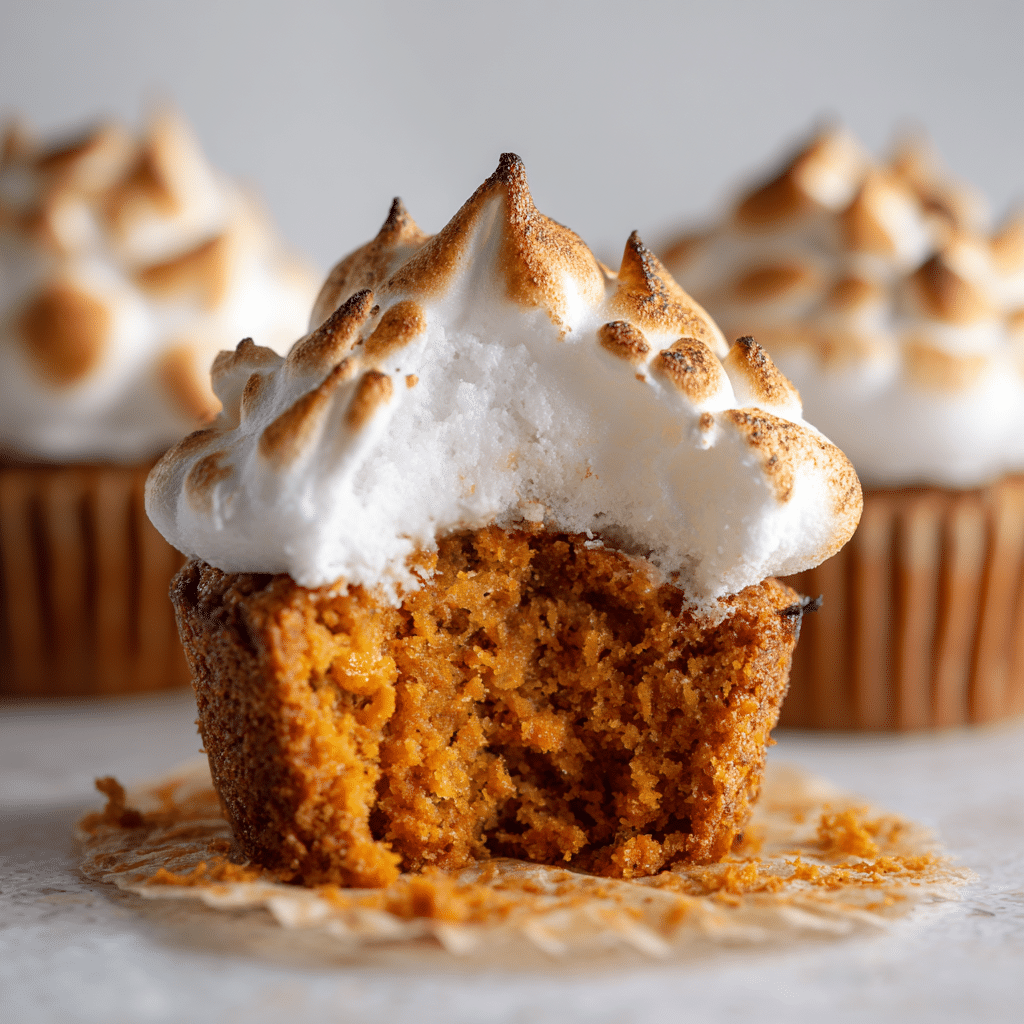 Sweet Potato Cupcakes with Toasted Ginger Meringue 6 Close-up of sweet potato cupcake with meringue topping.