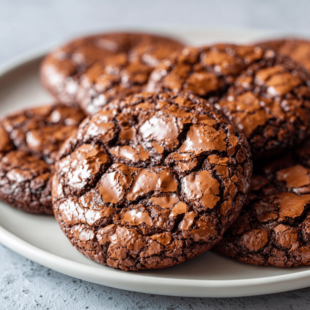 The Best Chocolate Brownie Cookies: Fudgy, Chewy Perfection in Every Bite 7 Fudgy chocolate brownie cookies with shiny cracked tops on a white plate.