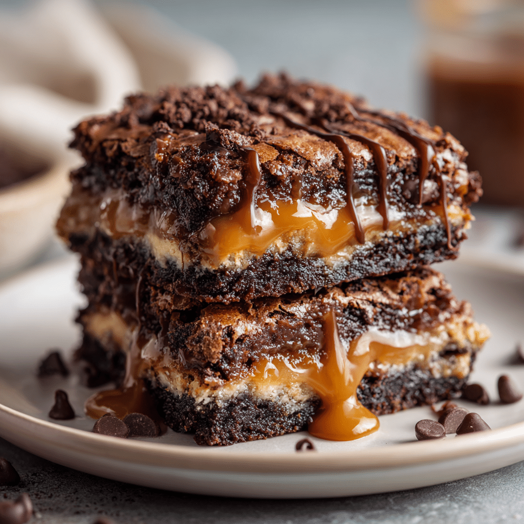 Knock You Naked Bars: A Decadent Dessert You’ll Never Forget 6 Gooey Knock You Naked Bars stacked on a plate with caramel and chocolate layers showing