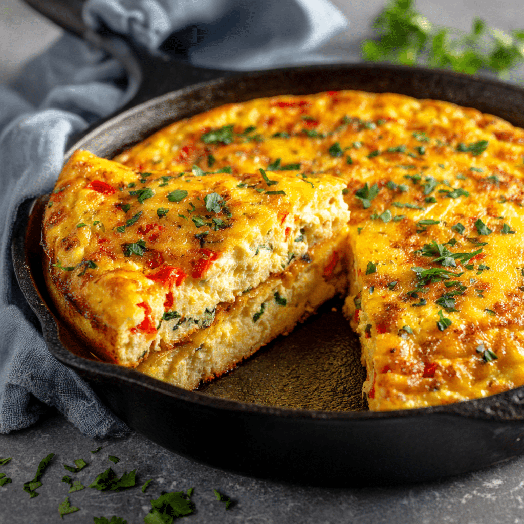 Cottage Cheese Frittata: A High-Protein Breakfast You’ll Want Every Morning 5 Golden brown cottage cheese frittata in a skillet with melted cheese and colorful vegetables.