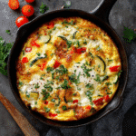 Cottage Cheese Frittata: A High-Protein Breakfast You’ll Want Every Morning 9 Golden brown cottage cheese frittata in a skillet with melted cheese and colorful vegetables.