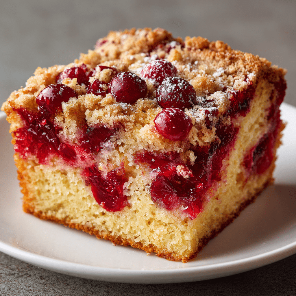 Old-Fashioned Cranberry Coffee Cake – Sweet, Tart & Cozy 4 Delicious homemade Cranberry Coffee Cake served on awhite plate