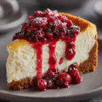 Creamy Cranberry Orange Cheesecake Recipe for the Holidays 7 slice of Delicious Cranberry Orange Cheesecake topped with fresh cranberries