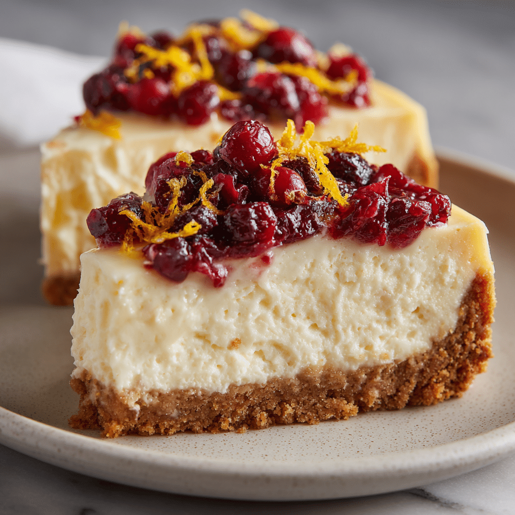 Creamy Cranberry Orange Cheesecake Recipe for the Holidays 6 slice of Delicious Cranberry Orange Cheesecake topped with fresh cranberries