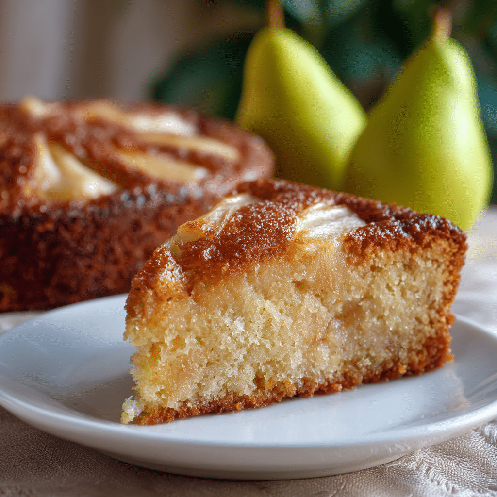 Easy Italian Pear Cake – Moist, Simple & Delicious 4 Delicious Easy Italian Pear Cake topped with fresh slices and powdered sugar.