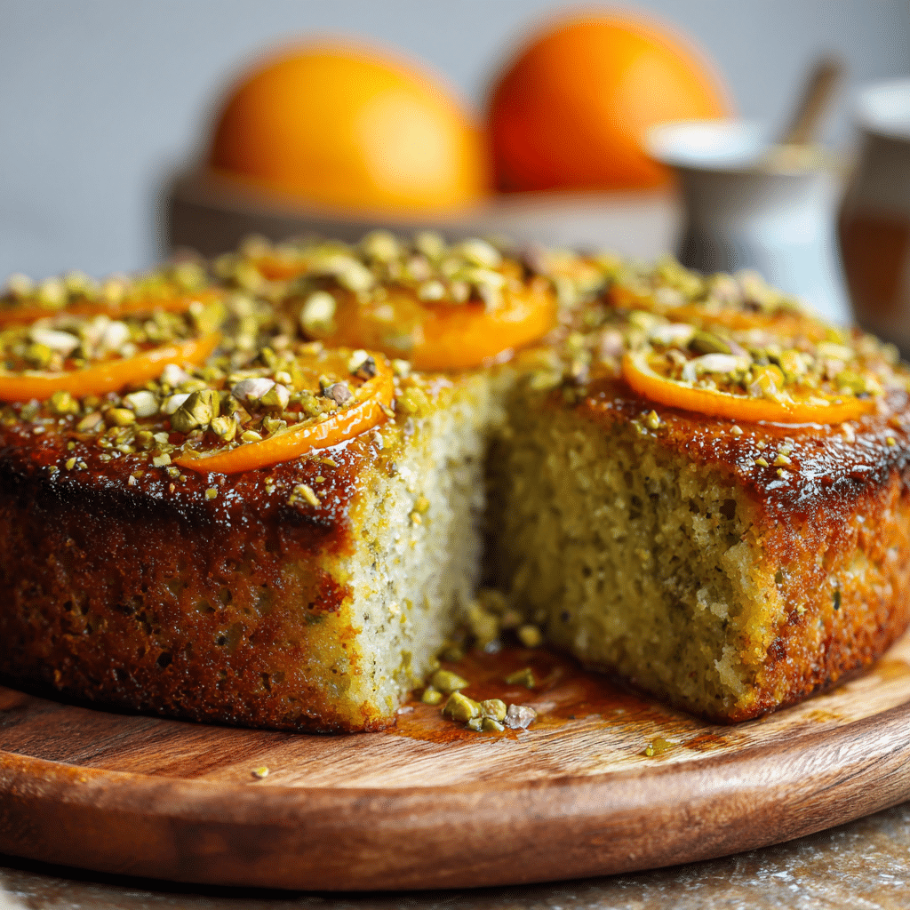 Delicious Flourless Orange Pistachio Cake 5 Flourless Orange Pistachio Cake beautifully decorated on a white plate