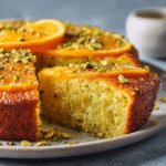 Delicious Flourless Orange Pistachio Cake 7 Flourless Orange Pistachio Cake beautifully decorated on a white plate