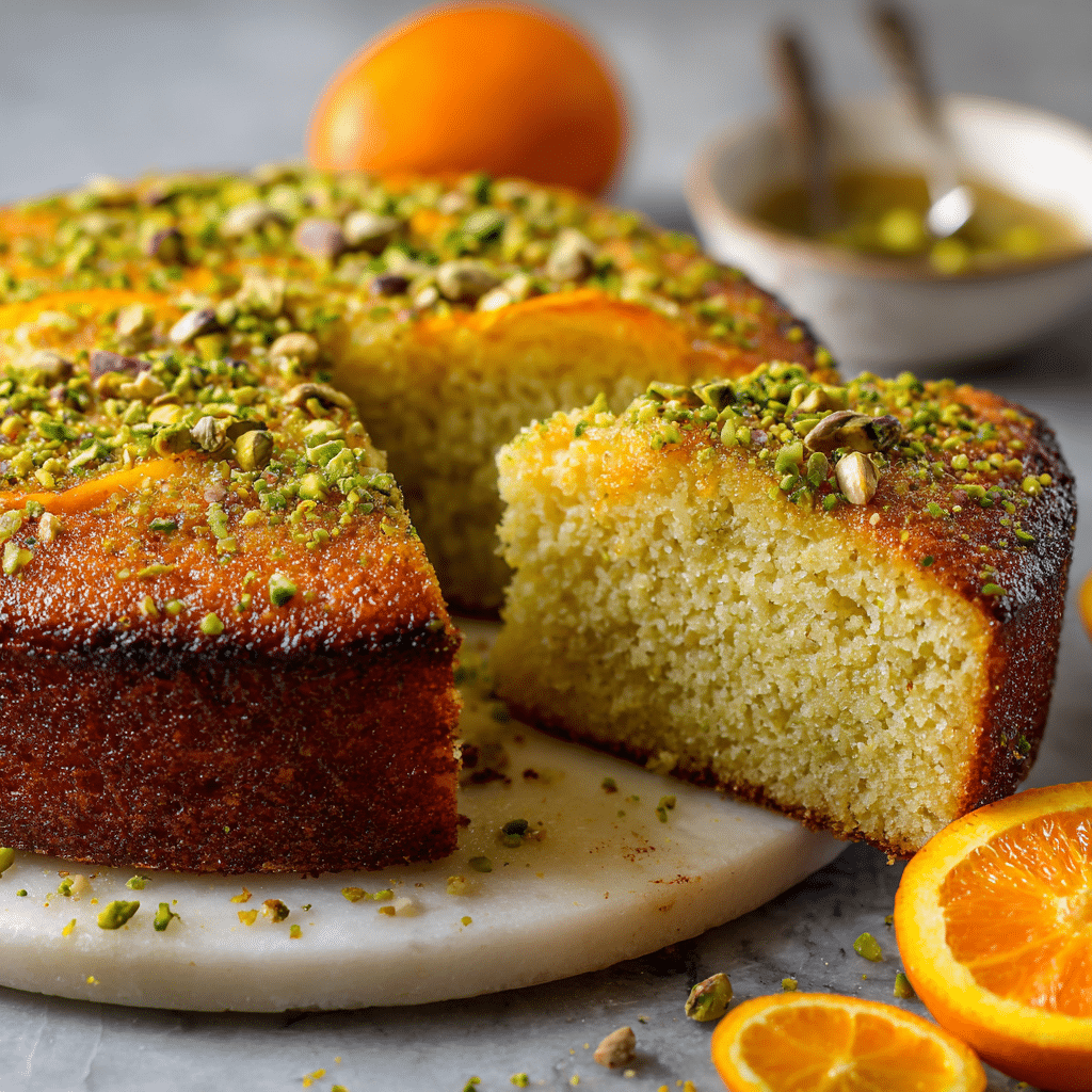 Delicious Flourless Orange Pistachio Cake 6 Flourless Orange Pistachio Cake beautifully decorated on a white plate