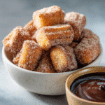 Fluffy Air Fryer Churro Bites Recipe - Crispy Outside, Soft Inside! 9 Air fryer churro bites coated in cinnamon sugar with chocolate dipping sauce.