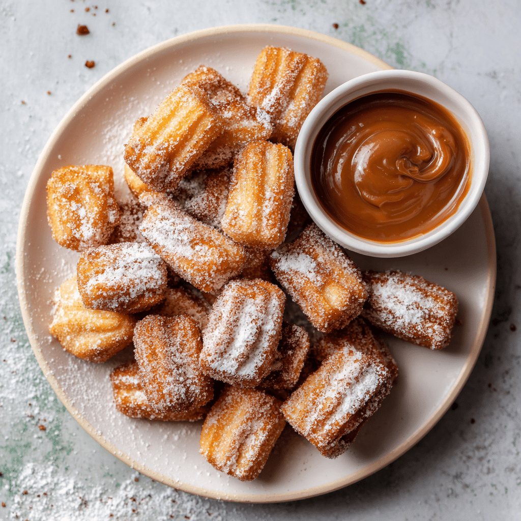 Fluffy Air Fryer Churro Bites Recipe - Crispy Outside, Soft Inside! 6 Plate of cinnamon-sugar churro bites with a bowl of dulce de leche.