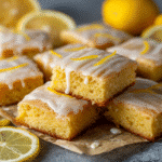Lemon Brownie Bars: The Perfect Balance of Fudgy and Bright 9 Lemon brownie bars with lemon glaze cut into squares on parchment paper.