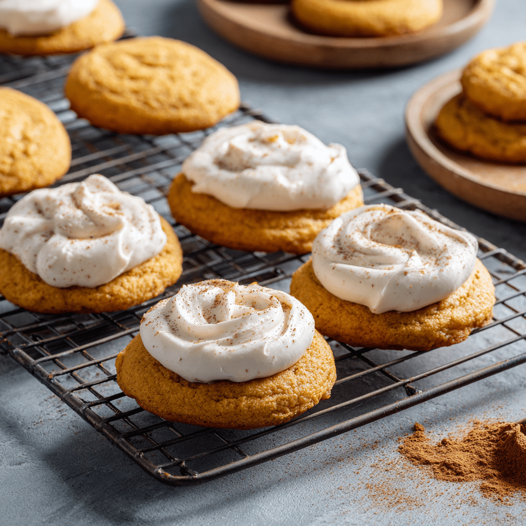 Soft Pumpkin Cookies with Cinnamon Frosting – Easy Vegan Recipe 7 Pumpkin cookies cooling, some frosted and some plain.