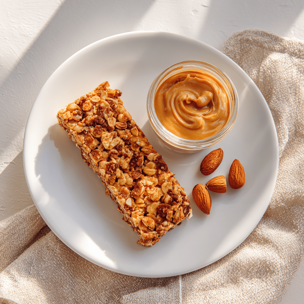Peanut Butter Granola Bars – Chewy, Healthy, and Easy to Make 12 A homemade peanut butter and granola bar on a white plate, next to a small jar of creamy peanut butter and three whole almonds.