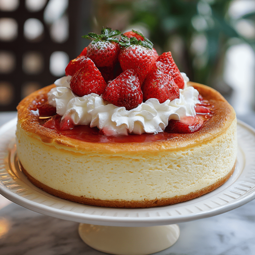 Japanese Cotton Cheesecake: Fluffy, Light, and Irresistible 5 Japanese cotton cheesecake with strawberries and whipped cream.