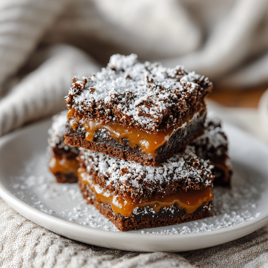 Knock You Naked Bars: A Decadent Dessert You’ll Never Forget 8 Gooey Knock You Naked Bars stacked on a plate with caramel and chocolate layers showing