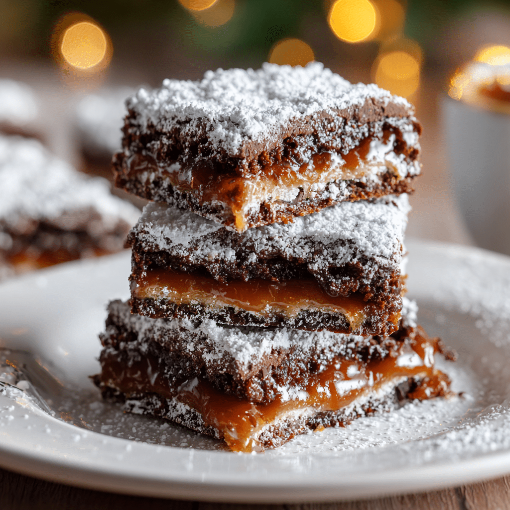 Knock You Naked Bars: A Decadent Dessert You’ll Never Forget 5 Gooey Knock You Naked Bars stacked on a plate with caramel and chocolate layers showing