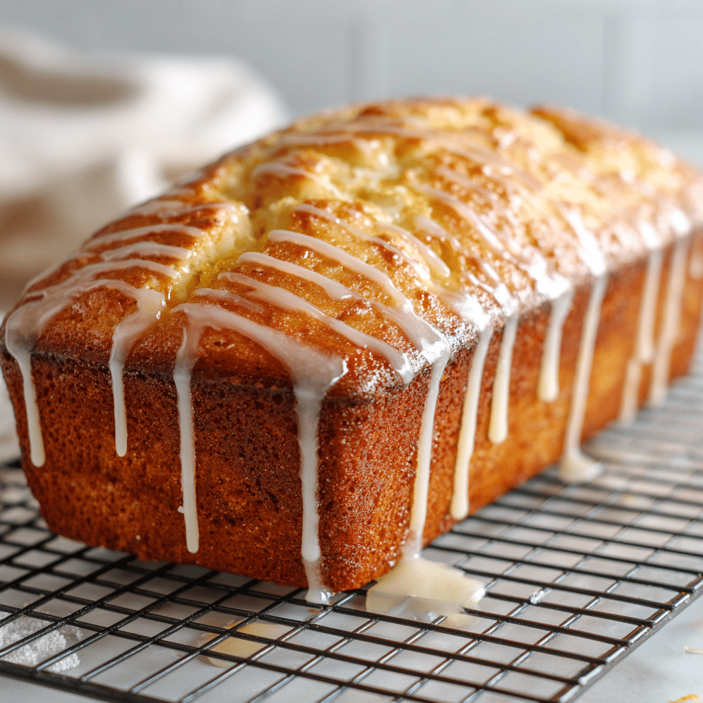 Best Lemon Cream Cheese Bread – Bright, Creamy & Freezer-Friendly 7 Lemon cream cheese bread loaf with glaze dripping down on a cooling rack.