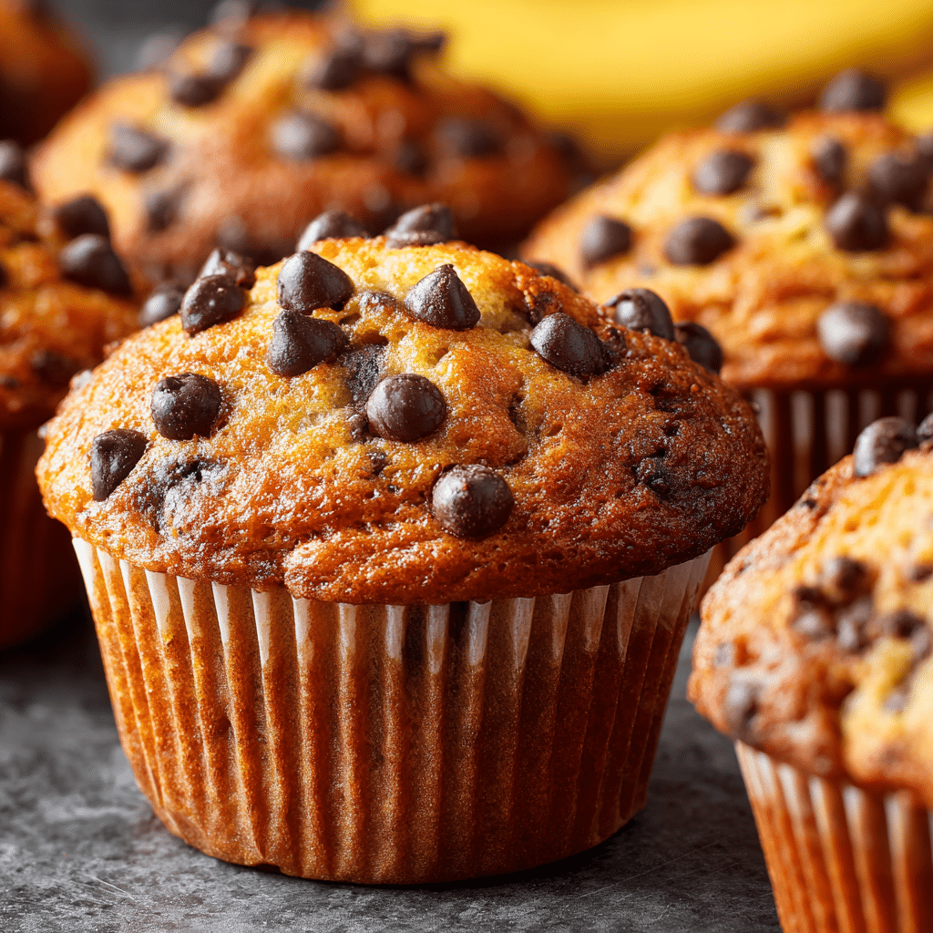 Healthy Banana Chocolate Chip Muffins - Made with Greek Yogurt! 4 Delicious homemade Banana Chocolate Chip Muffins fresh out of the oven