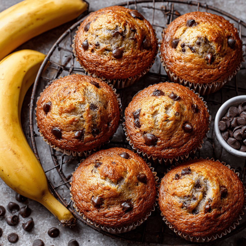 Healthy Banana Chocolate Chip Muffins - Made with Greek Yogurt! 6 Delicious homemade Banana Chocolate Chip Muffins fresh out of the oven