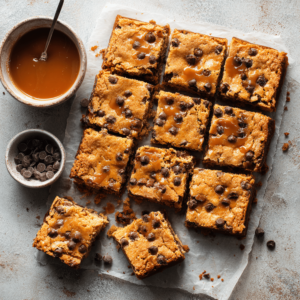 Knock You Naked Bars: A Decadent Dessert You’ll Never Forget 7 Overhead view of Knock You Naked Bars cut into squares on parchment with caramel and chocolate layers