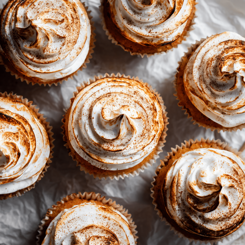 Sweet Potato Cupcakes with Toasted Ginger Meringue 7 Overhead shot of cupcakes with toasted meringue swirls.