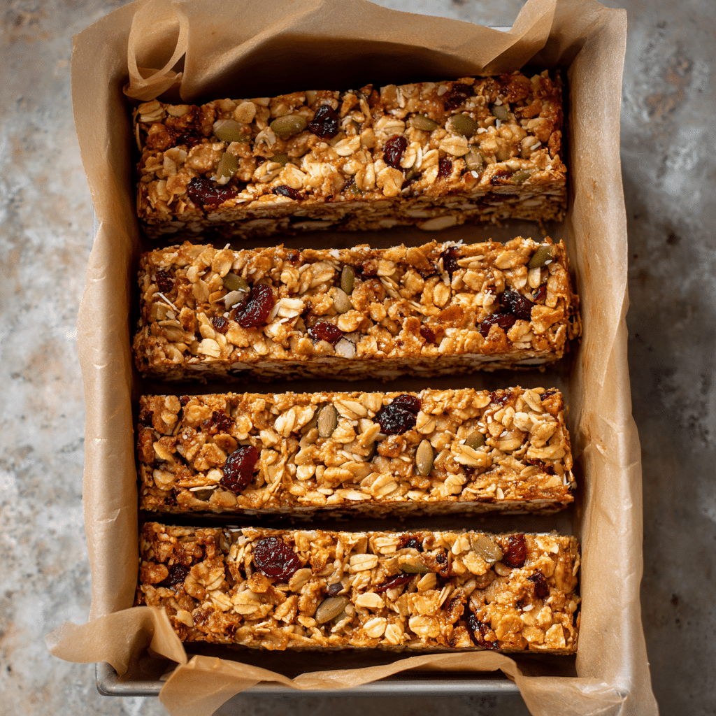 Peanut Butter Granola Bars – Chewy, Healthy, and Easy to Make 9 Freshly baked peanut butter granola bars cooling in a parchment-lined baking pan.