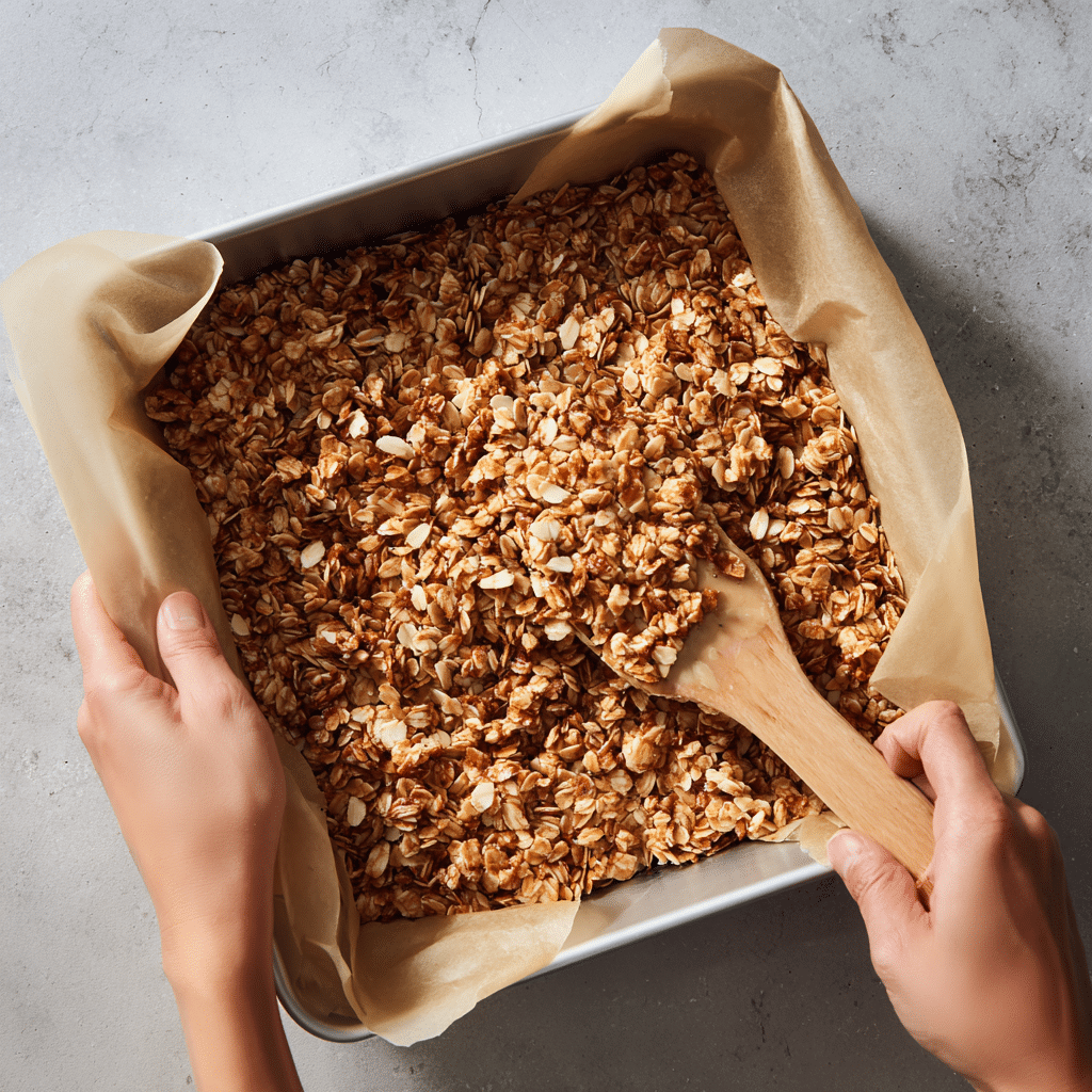 Peanut Butter Granola Bars – Chewy, Healthy, and Easy to Make 11 pressing peanut butter granola bar mixture into pan