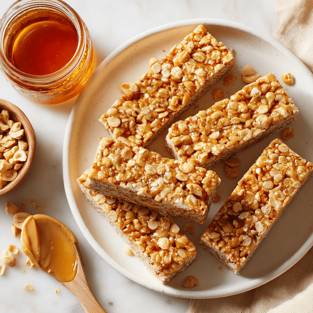 Home Page 10 A plate of rectangular peanut and honey bars with a side of a bowl of peanuts, a jar of honey, and a wooden spoon with a dollop of peanut butter.