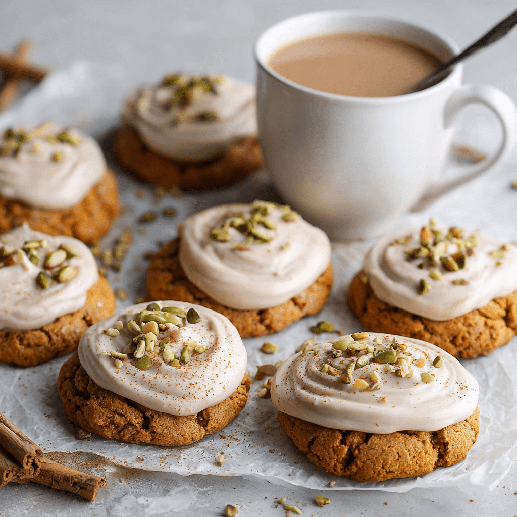 Soft Pumpkin Cookies with Cinnamon Frosting – Easy Vegan Recipe 8 Overhead shot of frosted pumpkin cookies with tea.