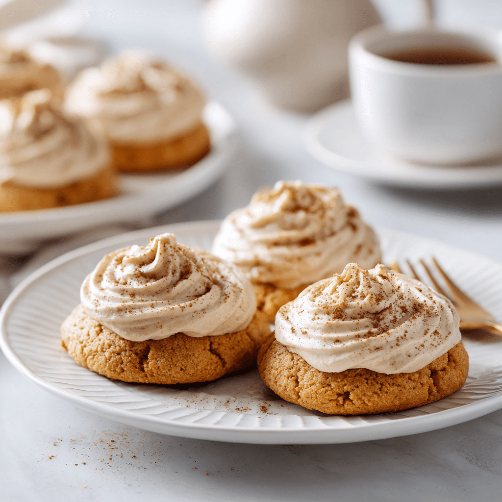 Soft Pumpkin Cookies with Cinnamon Frosting – Easy Vegan Recipe 5 Pumpkin cookies topped with cinnamon frosting swirl.