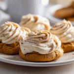 Soft Pumpkin Cookies with Cinnamon Frosting – Easy Vegan Recipe 9 Pumpkin cookies topped with cinnamon frosting swirl.