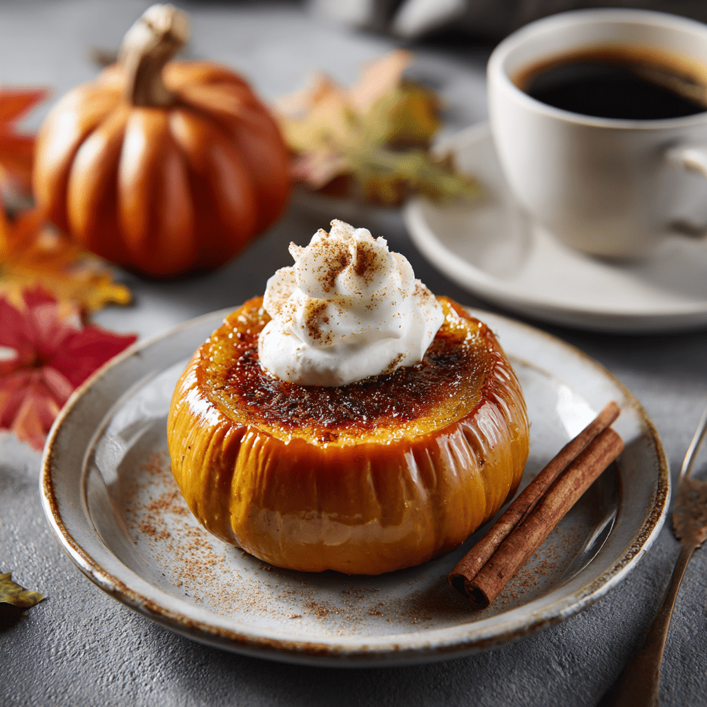 Delicious Pumpkin Spice Crème Brûlée - Easy Recipe 6 Pumpkin spice crème brûlée served with whipped cream, cinnamon stick, and autumn decor.