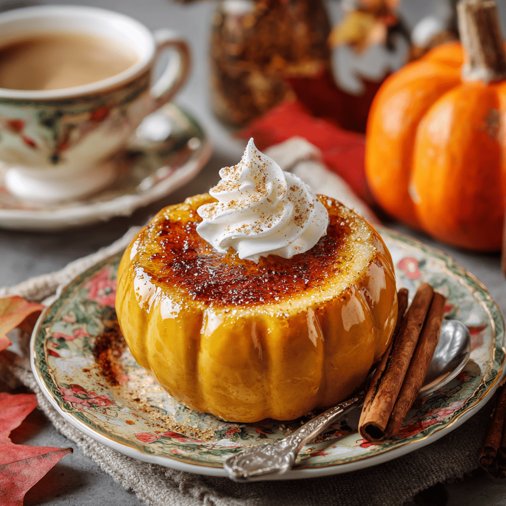 Delicious Pumpkin Spice Crème Brûlée - Easy Recipe 4 Pumpkin spice crème brûlée served with whipped cream, cinnamon stick, and autumn decor.